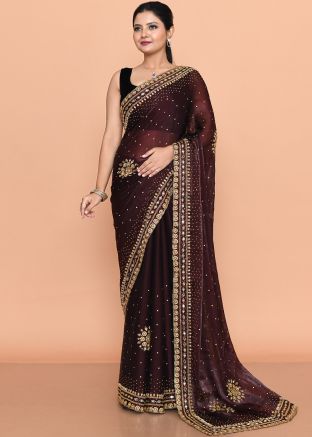 Brown Handwork Saree In Organza