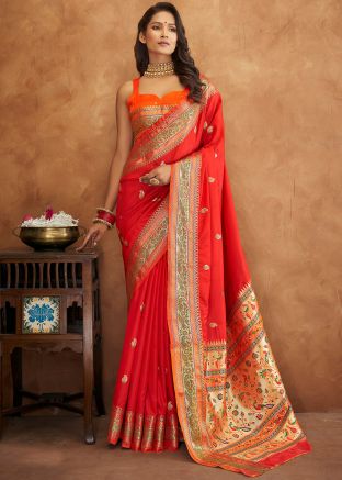 Red Zari Woven Saree In Art Silk