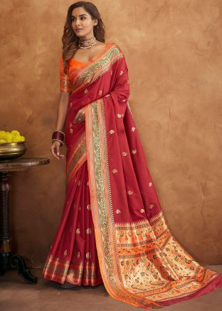 Maroon Art Silk Zari Woven Saree & Blouse