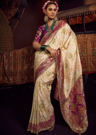 Cream Zari Woven Viscose Saree & Blouse