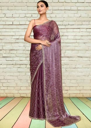 Purple Embroidered Saree In Organza