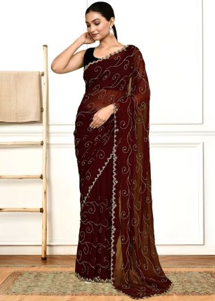 Brown Embroidered Georgette Saree