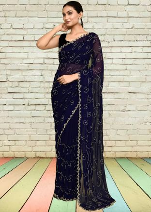 Blue Embroidered Georgette Saree