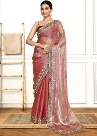 Pink Handwork Saree In Organza