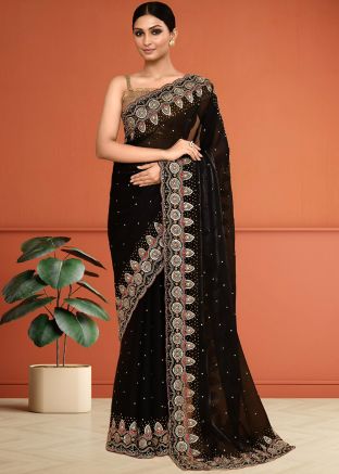 Black Handwork Saree In Organza