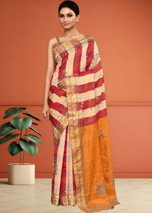 Cream & Red Handwork Saree In Kanjivaram Silk