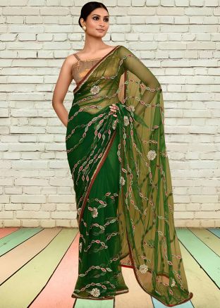 Green Handwork Saree In Net