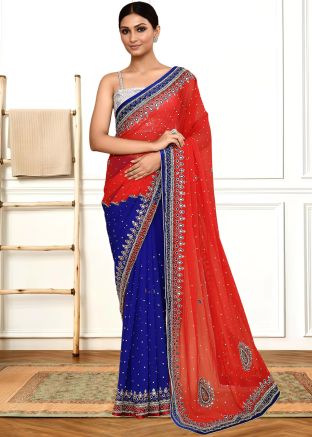 Blue & Red Half N Half Handwork Saree In Georgette