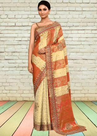 Cream & Brown Zari Woven Saree In Kanjivaram Silk