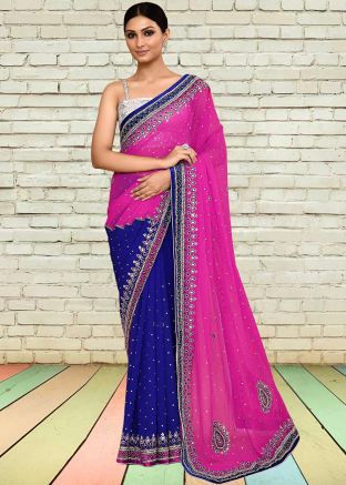 Blue & Pink Half N Half Saree In Georgette