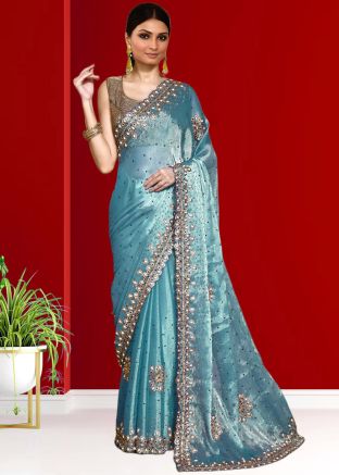 Blue Handwork Organza Saree