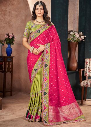 Pink & Green Embroidered Half N Half Saree