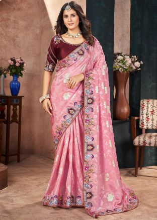 Pink Zari Woven Silk Saree