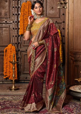 Maroon Zari Woven Silk Saree