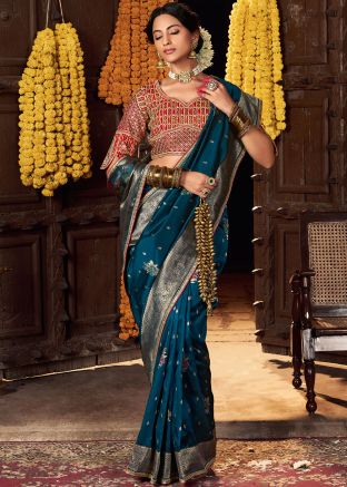 Teal Blue Zari Woven Saree