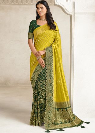 Green Zari Woven Chiffon Half N Half Saree