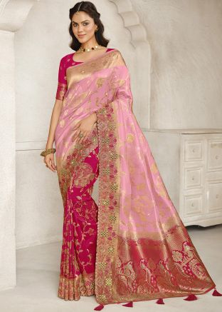 Pink Zari Woven Chiffon Half N Half Saree