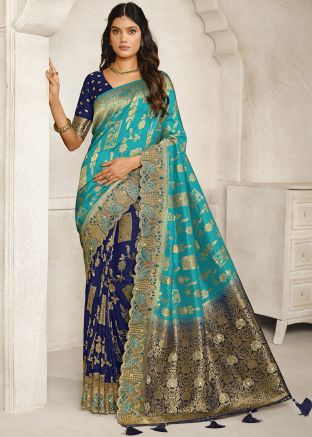Blue Zari Woven Half N Half Saree In Chiffon