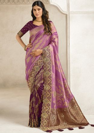 Purple Zari Woven Half N Half Saree In Chiffon