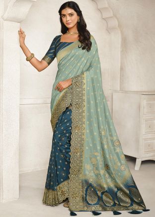Blue Zari Woven Half N Half Saree With Blouse