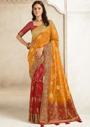 Yellow & Red Woven Half N Half Chiffon Saree