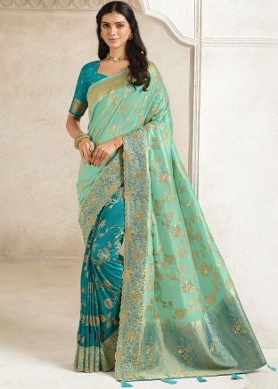 Turquoise & Blue Woven Chiffon Half N Half Saree
