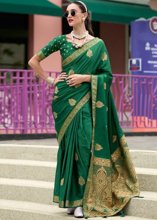 Green Satin Zari Woven Saree