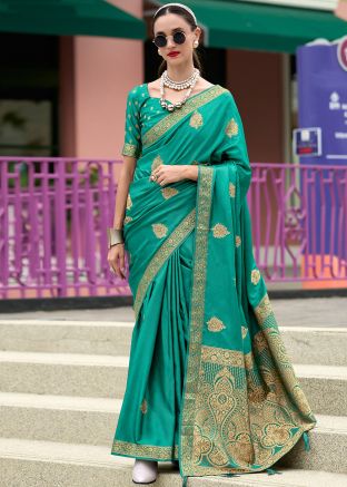 Sea Green Satin Zari Woven Saree