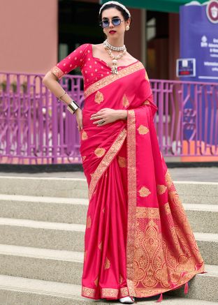 Pink Satin Zari Woven Saree & Blouse