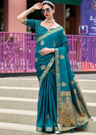 Teal Blue Zari Woven Saree In Satin