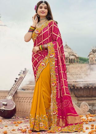 Yellow & Red Half N Half Embroidered Saree