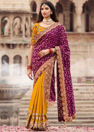 Yellow & Purple Embroidered Half N Half Saree
