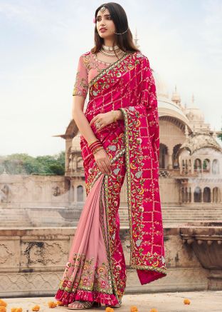 Half N Half Pink Embroidered Saree