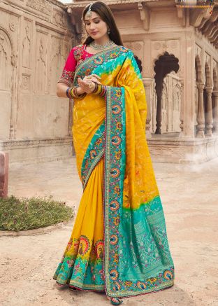 Yellow Embroidered Silk Saree & Blouse