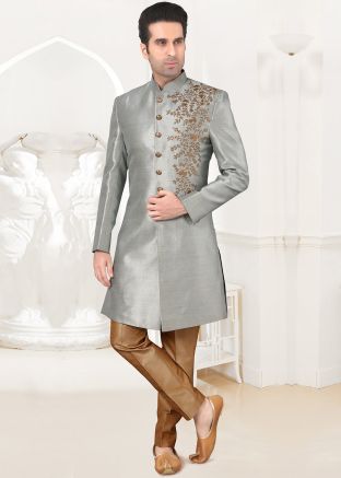 Grey Stone Embellished Readymade Sherwani In Art Silk