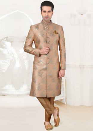 Readymade Peach Sherwani With Floral Woven Work