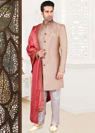 Beige Woven Readymade Sherwani
