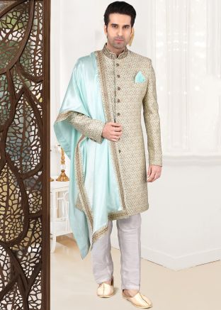 Embroidered Beige Readymade Sherwani