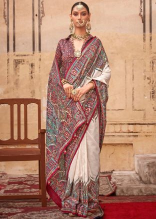 Cream Art Silk Saree In Print
