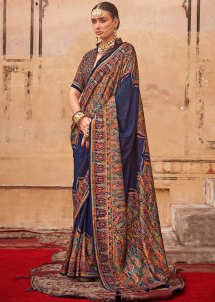 Navy Blue Art Silk Saree In Print