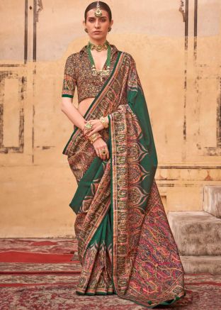 Dark Green Print Saree In Art Silk