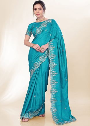 Blue Embroidered Chiffon Saree & Blouse