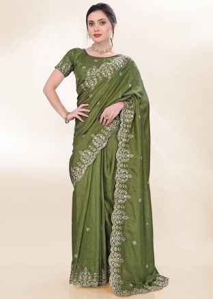 Green Embroidered Saree In Chiffon