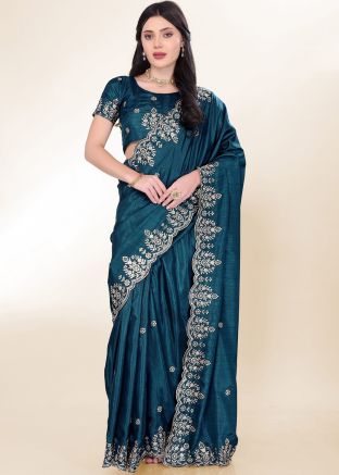 Teal Blue Chiffon Embroidered Saree With Blouse