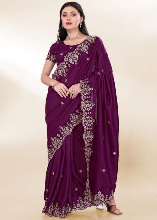 Purple Embroidered Saree With Blouse
