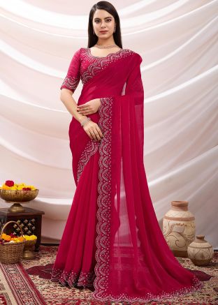 Pink Scalloped Border Saree In Chiffon