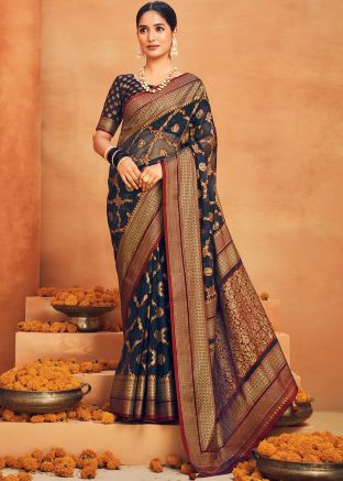Navy Blue Zari Woven Georgette Saree