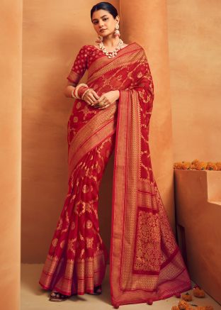 Red Zari Woven Saree In Georgette