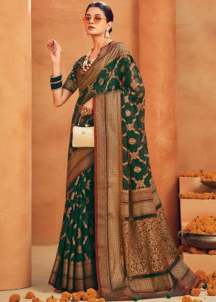 Dark Green Georgette Woven Saree & Blouse