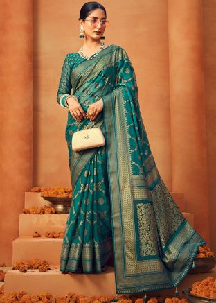 Teal Blue Woven Georgette Saree